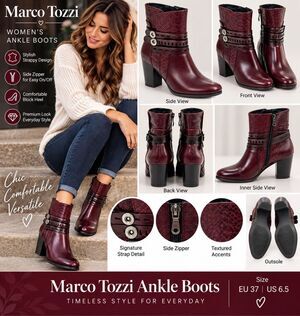 Marco Tozzi Boots Women's 37 US 6.5 Strappy Side Zipper Burgundy Ankle Boots